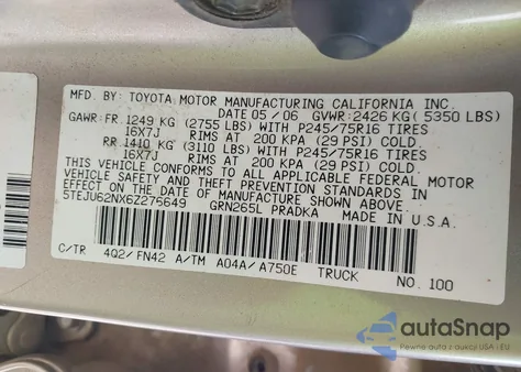 2006 Toyota Tacoma Prerunner V6 из США, поврежденный, VIN 5TEJU62NX6Z276649